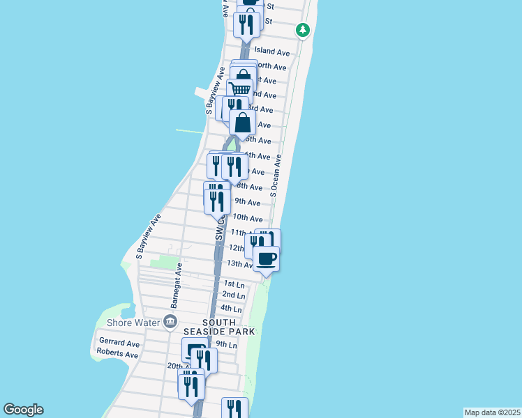 map of restaurants, bars, coffee shops, grocery stores, and more near 15 9th Avenue in Seaside Park