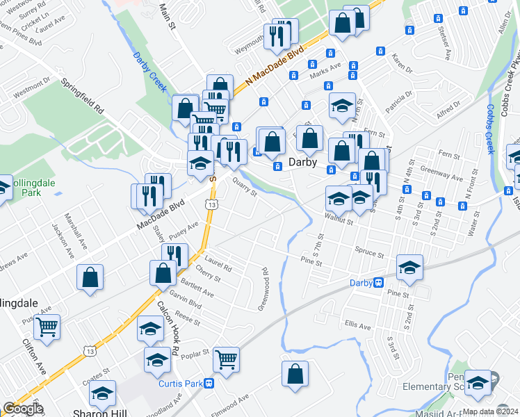 map of restaurants, bars, coffee shops, grocery stores, and more near 211 Hamilton Avenue in Darby
