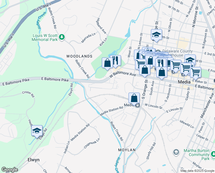 map of restaurants, bars, coffee shops, grocery stores, and more near 617 Painter Street in Media