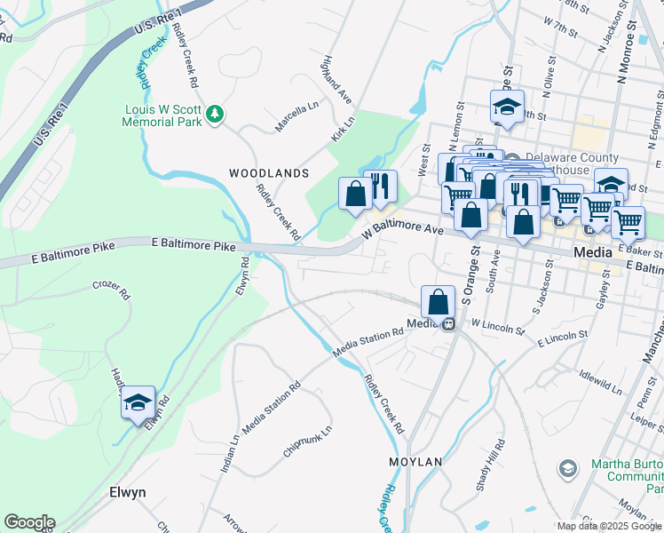 map of restaurants, bars, coffee shops, grocery stores, and more near 721 Painter Street in Media