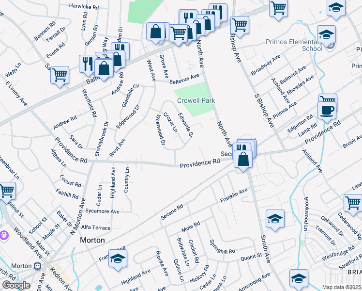 map of restaurants, bars, coffee shops, grocery stores, and more near 1030 Edwards Drive in Springfield