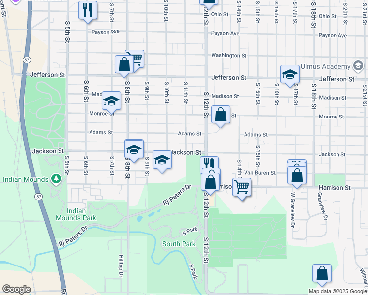 map of restaurants, bars, coffee shops, grocery stores, and more near 1223 S 11th St in Quincy