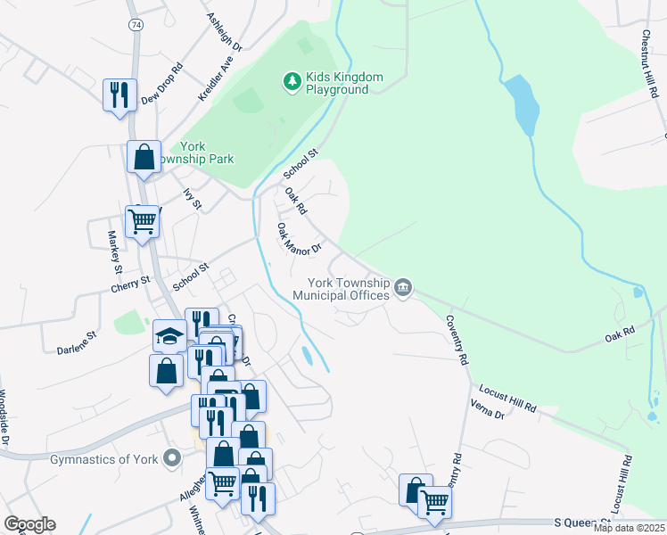 map of restaurants, bars, coffee shops, grocery stores, and more near 116 Oak Ridge Lane in Dallastown