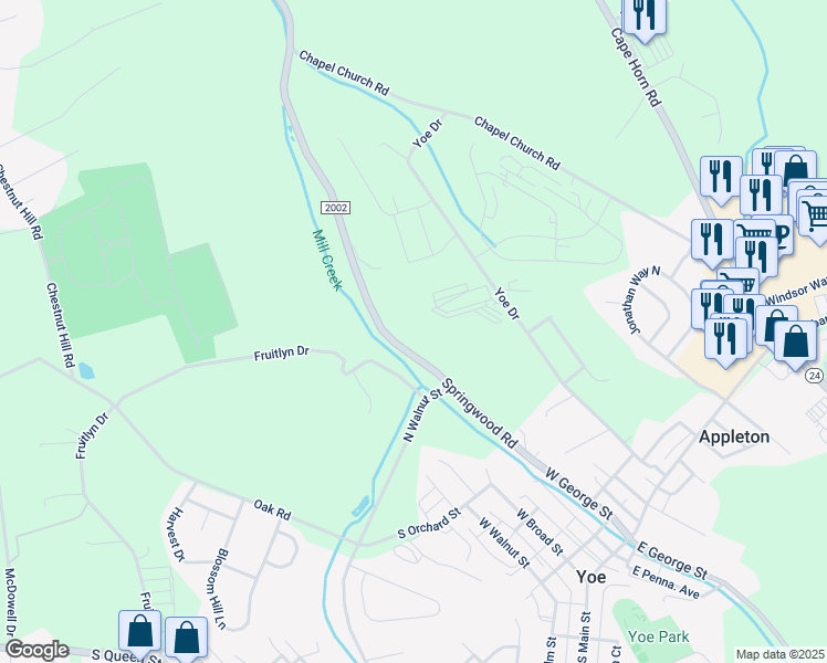 map of restaurants, bars, coffee shops, grocery stores, and more near 3055 Springwood Road in Dallastown