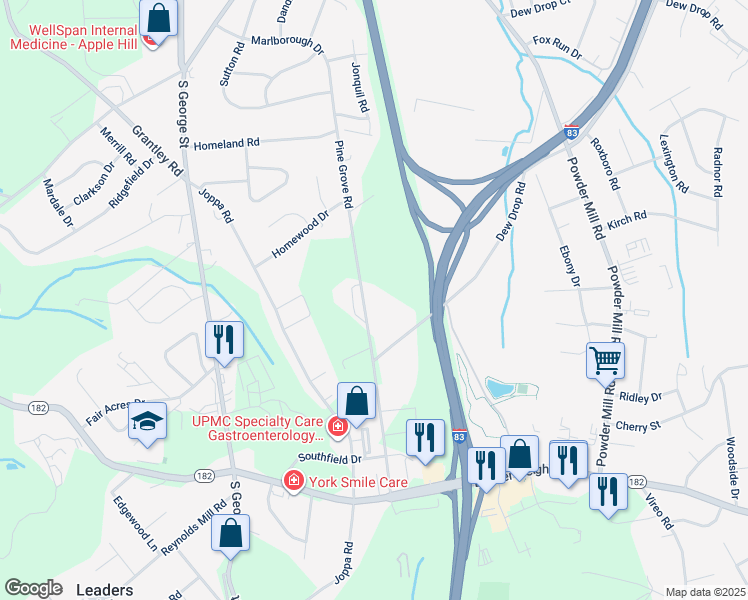 map of restaurants, bars, coffee shops, grocery stores, and more near 2482 Pine Grove Road in York