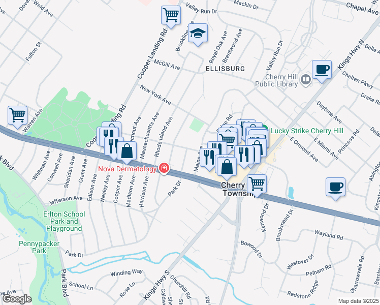 map of restaurants, bars, coffee shops, grocery stores, and more near 16 Vermont Avenue in Cherry Hill