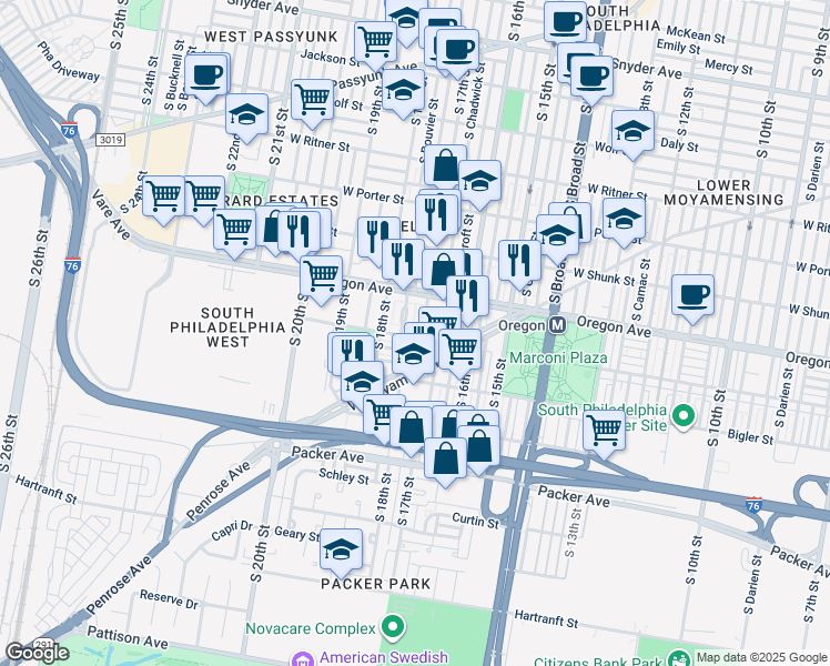 map of restaurants, bars, coffee shops, grocery stores, and more near 1705 Johnston Street in Philadelphia