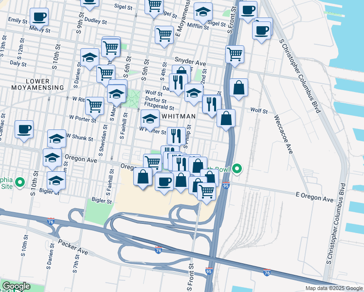map of restaurants, bars, coffee shops, grocery stores, and more near 2531 South American Street in Philadelphia