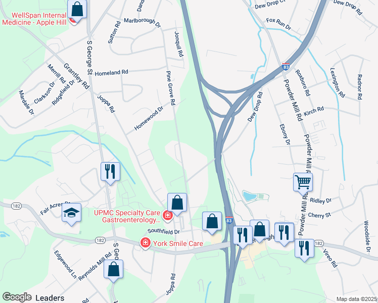 map of restaurants, bars, coffee shops, grocery stores, and more near 2482 Pine Grove Road in York