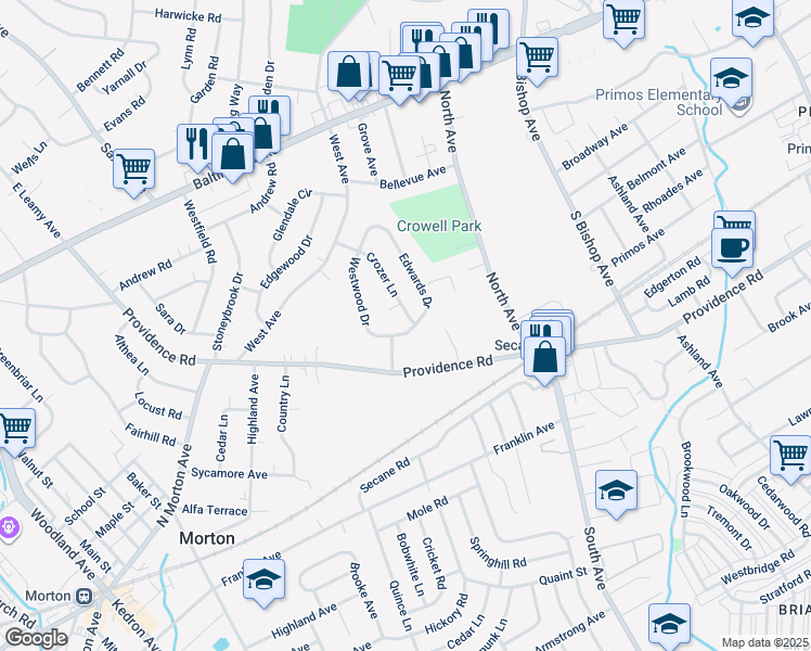 map of restaurants, bars, coffee shops, grocery stores, and more near 1030 Edwards Drive in Springfield