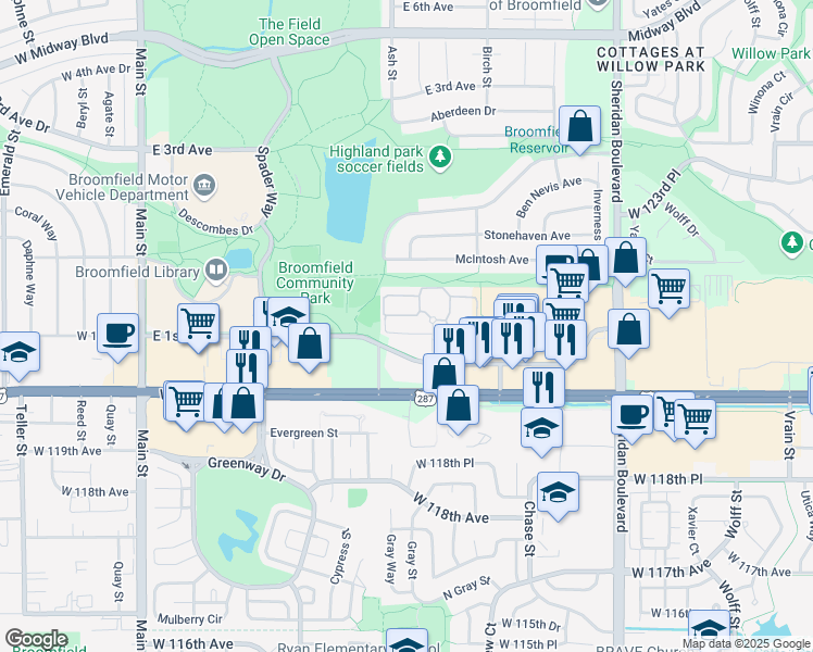 map of restaurants, bars, coffee shops, grocery stores, and more near 999 East 1st Avenue in Broomfield