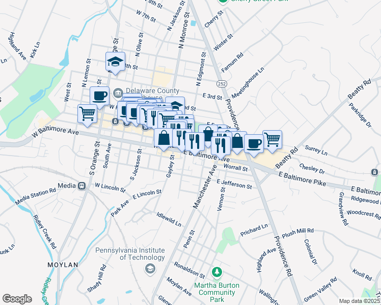 map of restaurants, bars, coffee shops, grocery stores, and more near 201 East Baltimore Avenue in Media