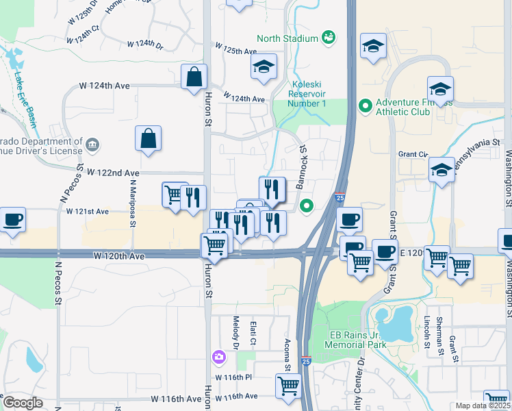 map of restaurants, bars, coffee shops, grocery stores, and more near 12108 Melody Drive in Denver
