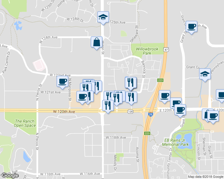 map of restaurants, bars, coffee shops, grocery stores, and more near 12121 Melody Drive in Westminster