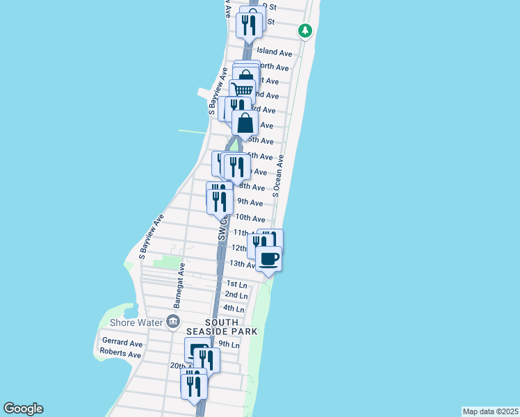 map of restaurants, bars, coffee shops, grocery stores, and more near 15 9th Avenue in Seaside Park