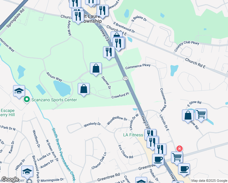 map of restaurants, bars, coffee shops, grocery stores, and more near 101 Diemer Dr in Mt Laurel