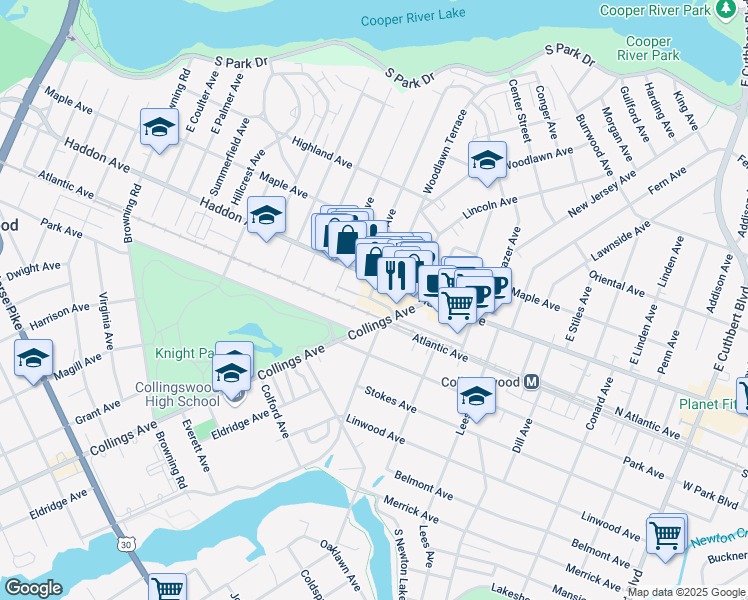 map of restaurants, bars, coffee shops, grocery stores, and more near in Collingswood