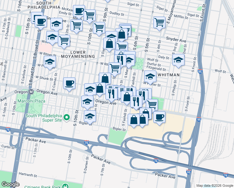 map of restaurants, bars, coffee shops, grocery stores, and more near 2601 South Sheridan Street in Philadelphia