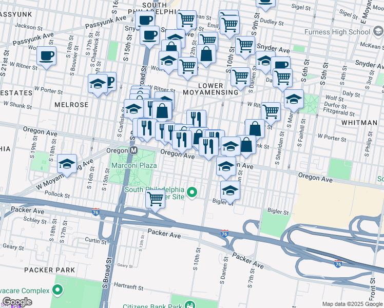 map of restaurants, bars, coffee shops, grocery stores, and more near 2649 South Jessup Street in Philadelphia