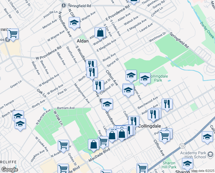 map of restaurants, bars, coffee shops, grocery stores, and more near 828 Walnut Street in Collingdale