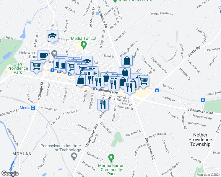 map of restaurants, bars, coffee shops, grocery stores, and more near 311 East Baltimore Avenue in Media