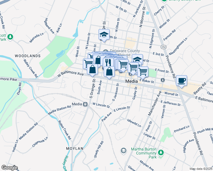 map of restaurants, bars, coffee shops, grocery stores, and more near 300 South Olive Street in Media