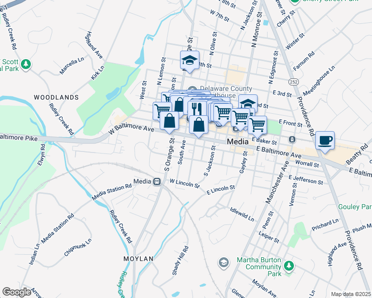 map of restaurants, bars, coffee shops, grocery stores, and more near 307 South Avenue in Media