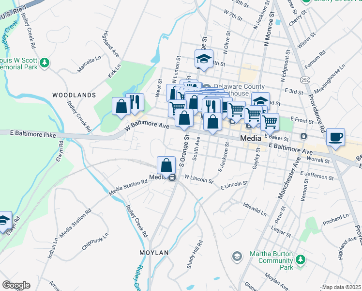 map of restaurants, bars, coffee shops, grocery stores, and more near 377 West Jefferson Street in Media
