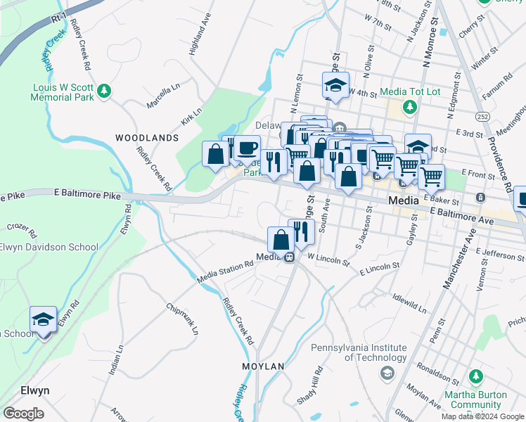 map of restaurants, bars, coffee shops, grocery stores, and more near 408 West Jefferson Street in Media
