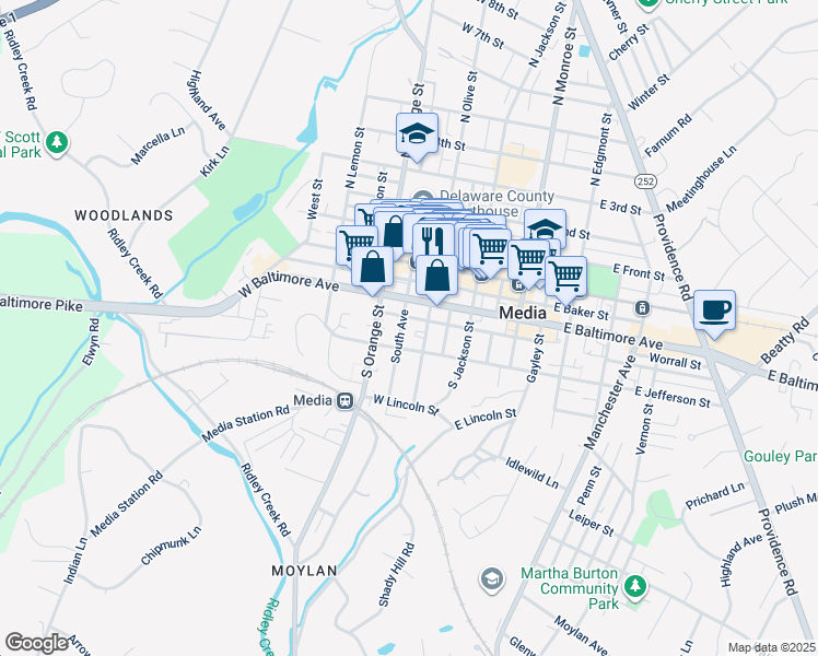 map of restaurants, bars, coffee shops, grocery stores, and more near 307 South Avenue in Media