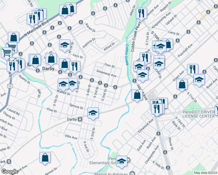 map of restaurants, bars, coffee shops, grocery stores, and more near 120 Main Street in Darby