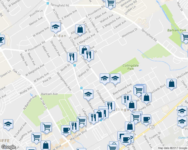 map of restaurants, bars, coffee shops, grocery stores, and more near 718 Clifton Avenue in Collingdale