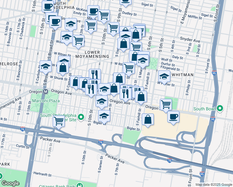 map of restaurants, bars, coffee shops, grocery stores, and more near 2626 South 8th Street in Philadelphia