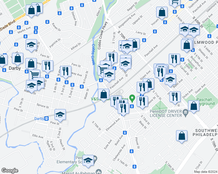 map of restaurants, bars, coffee shops, grocery stores, and more near 2251 Island Avenue in Philadelphia