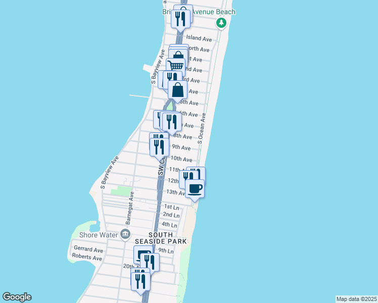 map of restaurants, bars, coffee shops, grocery stores, and more near 15 9th Avenue in Seaside Park