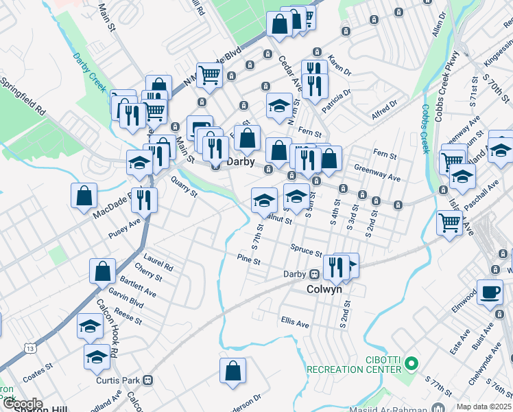 map of restaurants, bars, coffee shops, grocery stores, and more near 707 Walnut Street in Darby
