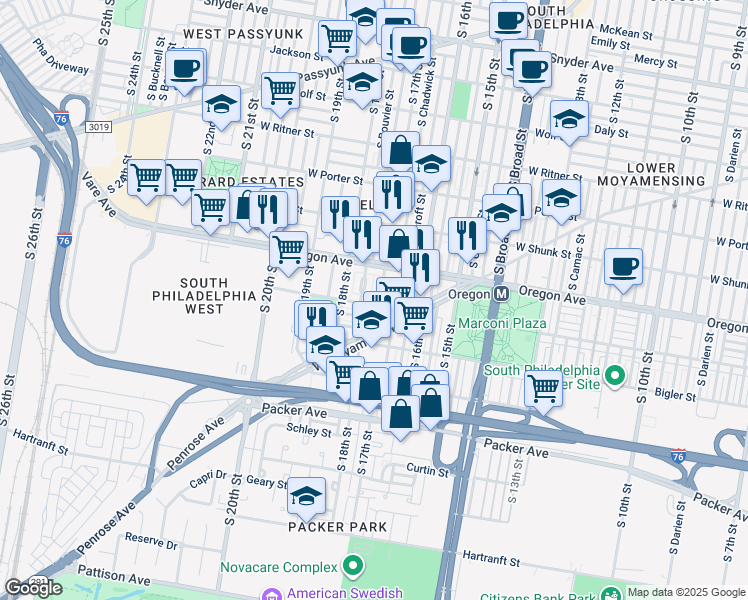 map of restaurants, bars, coffee shops, grocery stores, and more near 1705 Johnston Street in Philadelphia