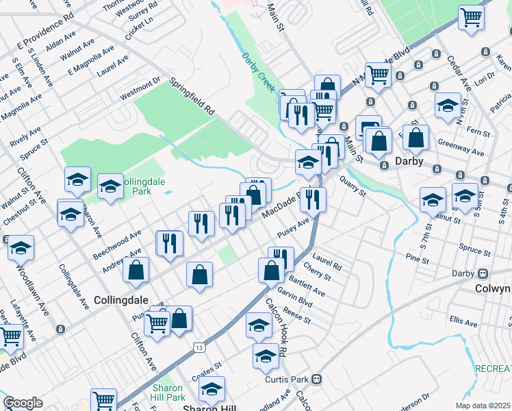 map of restaurants, bars, coffee shops, grocery stores, and more near 209 Staley Avenue in Collingdale