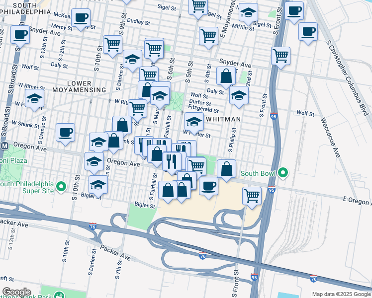 map of restaurants, bars, coffee shops, grocery stores, and more near 427 West Shunk Street in Philadelphia
