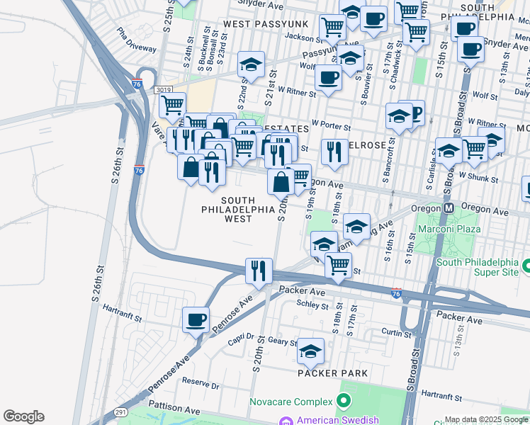 map of restaurants, bars, coffee shops, grocery stores, and more near 2810 South 20th Street in Philadelphia