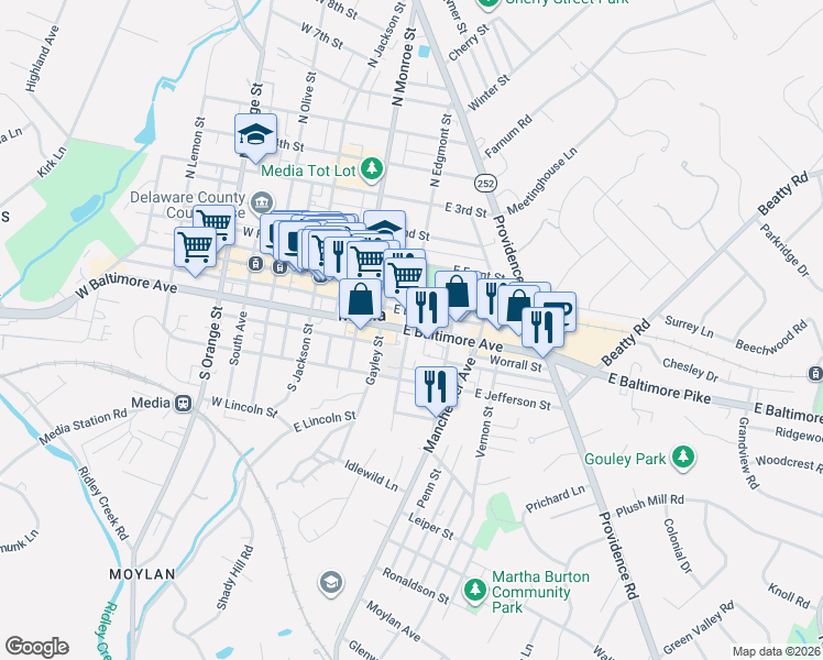 map of restaurants, bars, coffee shops, grocery stores, and more near 201 East Baltimore Avenue in Media