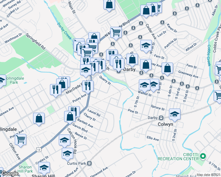 map of restaurants, bars, coffee shops, grocery stores, and more near 211 Hamilton Avenue in Darby