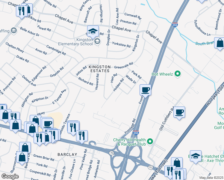 map of restaurants, bars, coffee shops, grocery stores, and more near 125 Hart Road in Cherry Hill