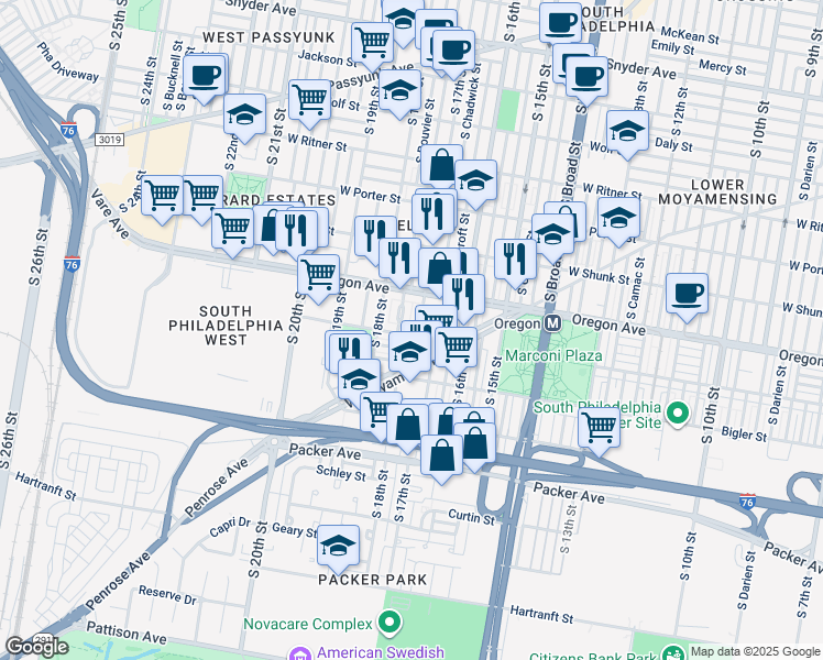 map of restaurants, bars, coffee shops, grocery stores, and more near 1707 Johnston Street in Philadelphia