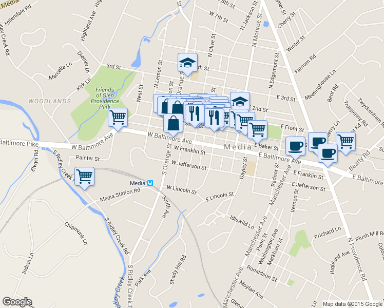 map of restaurants, bars, coffee shops, grocery stores, and more near 321 S Olive St in Media