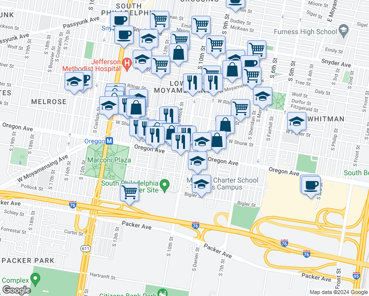 map of restaurants, bars, coffee shops, grocery stores, and more near 2644 South 10th Street in Philadelphia