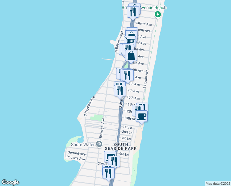 map of restaurants, bars, coffee shops, grocery stores, and more near 120 10th Avenue in Seaside Park