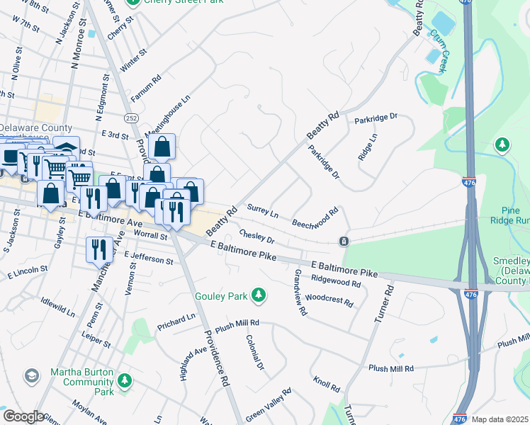 map of restaurants, bars, coffee shops, grocery stores, and more near 837 Surrey Road in Media