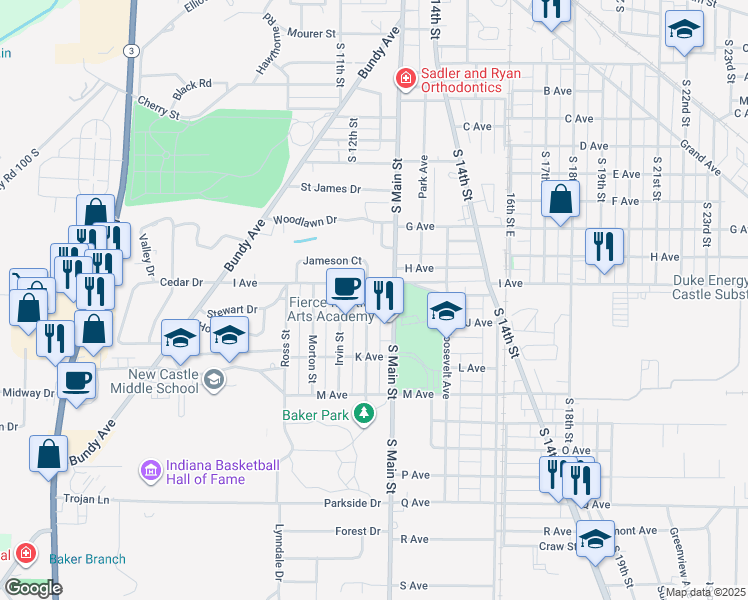 map of restaurants, bars, coffee shops, grocery stores, and more near 1609 S Main St in New Castle