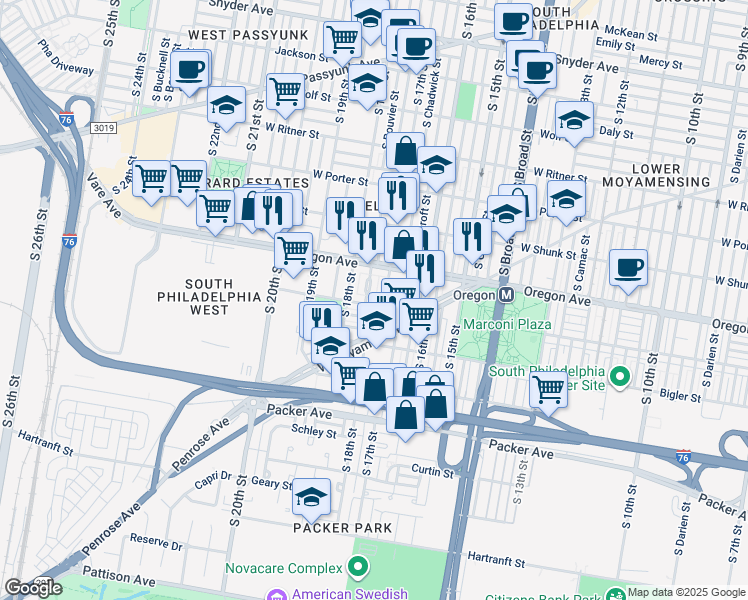 map of restaurants, bars, coffee shops, grocery stores, and more near 1713 Johnston Street in Philadelphia